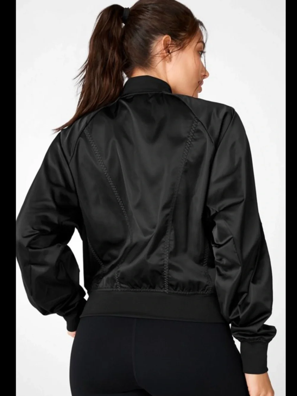 Fabletics Tori Woven Black Satin-Look Bomber Jacket